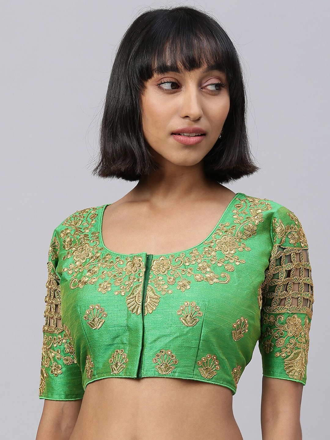 

Fab Dadu Women Green Embroidered Phantom Silk Saree Blouse