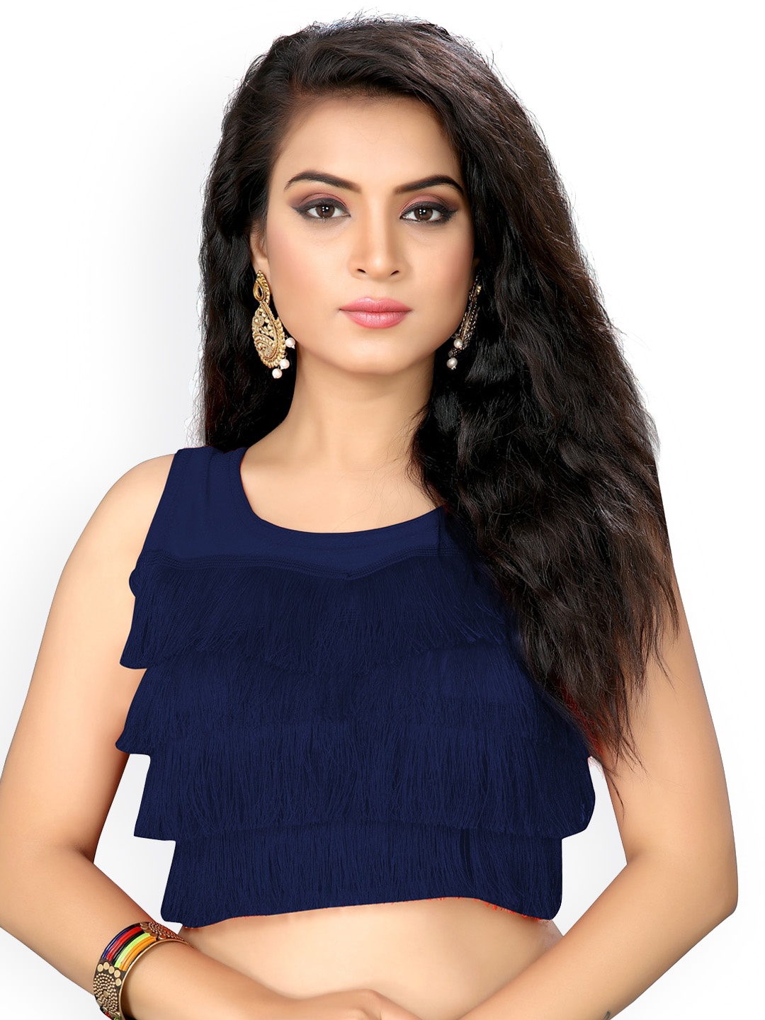 

Fab Dadu Navy Blue Solid Ruffles Saree Blouse