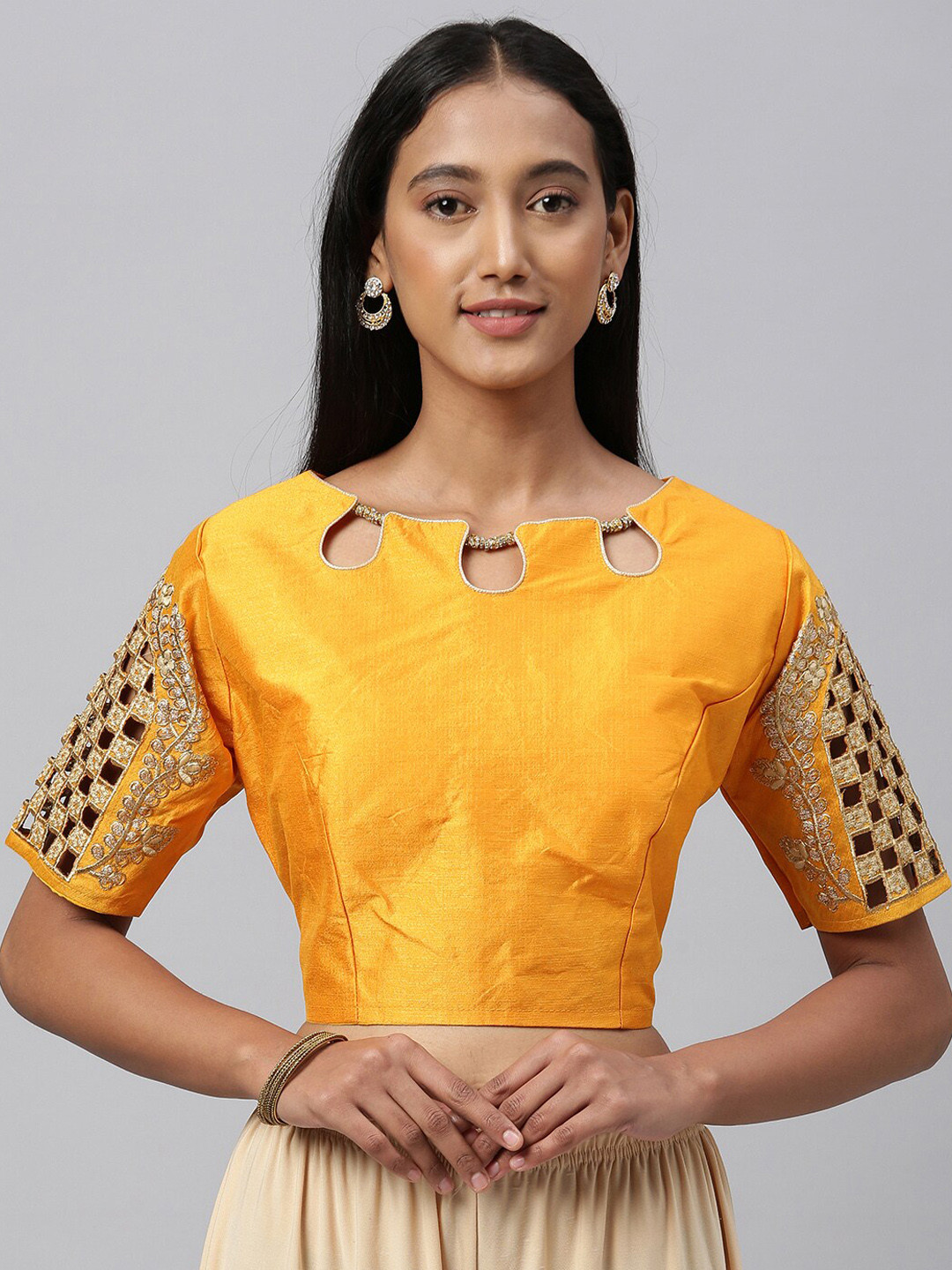 

Fab Dadu Women Yellow Embroidered Silk Saree Blouse