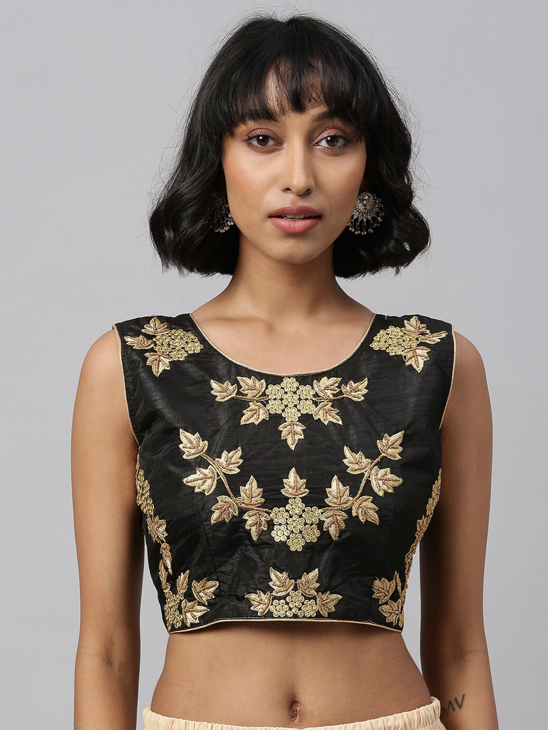 

Fab Dadu Black & Gold-Toned Embroidered Silk Saree Blouse