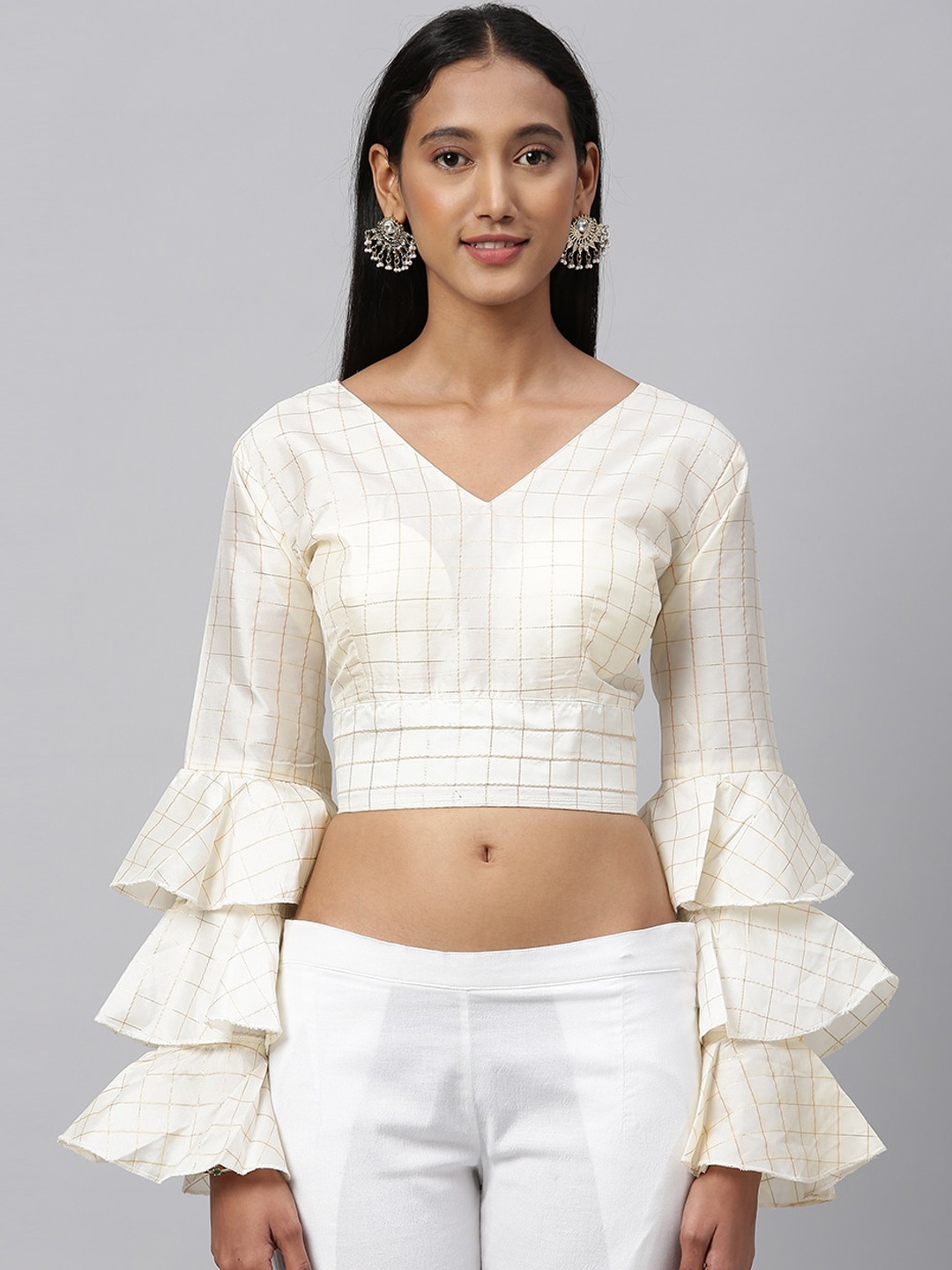 

Fab Dadu Women Off White & Gold-Coloured Checked V-Neck Saree Blouse