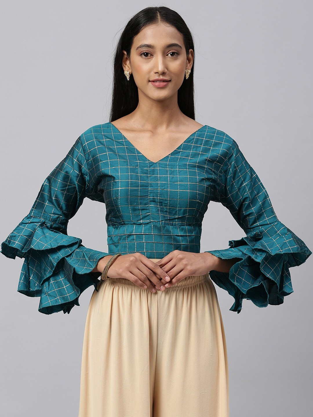 

Fab Dadu Women Green Checked Saree Blouse