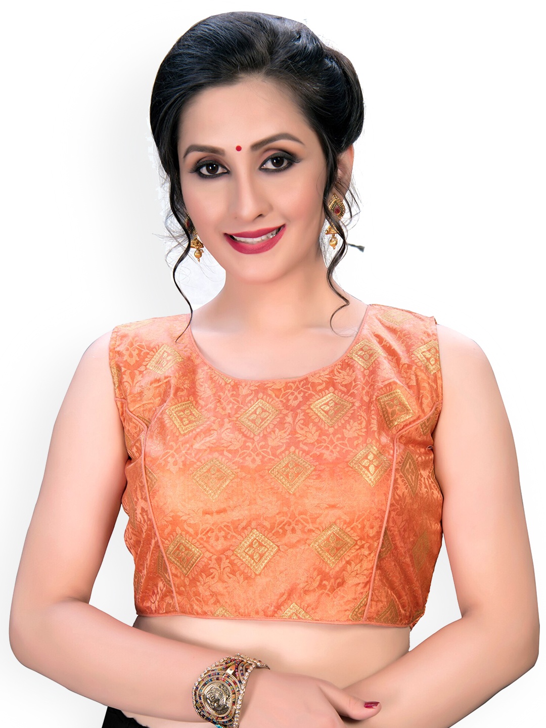 

Fab Dadu Women Peach-Coloured & Gold-Coloured Woven Design Saree Blouse