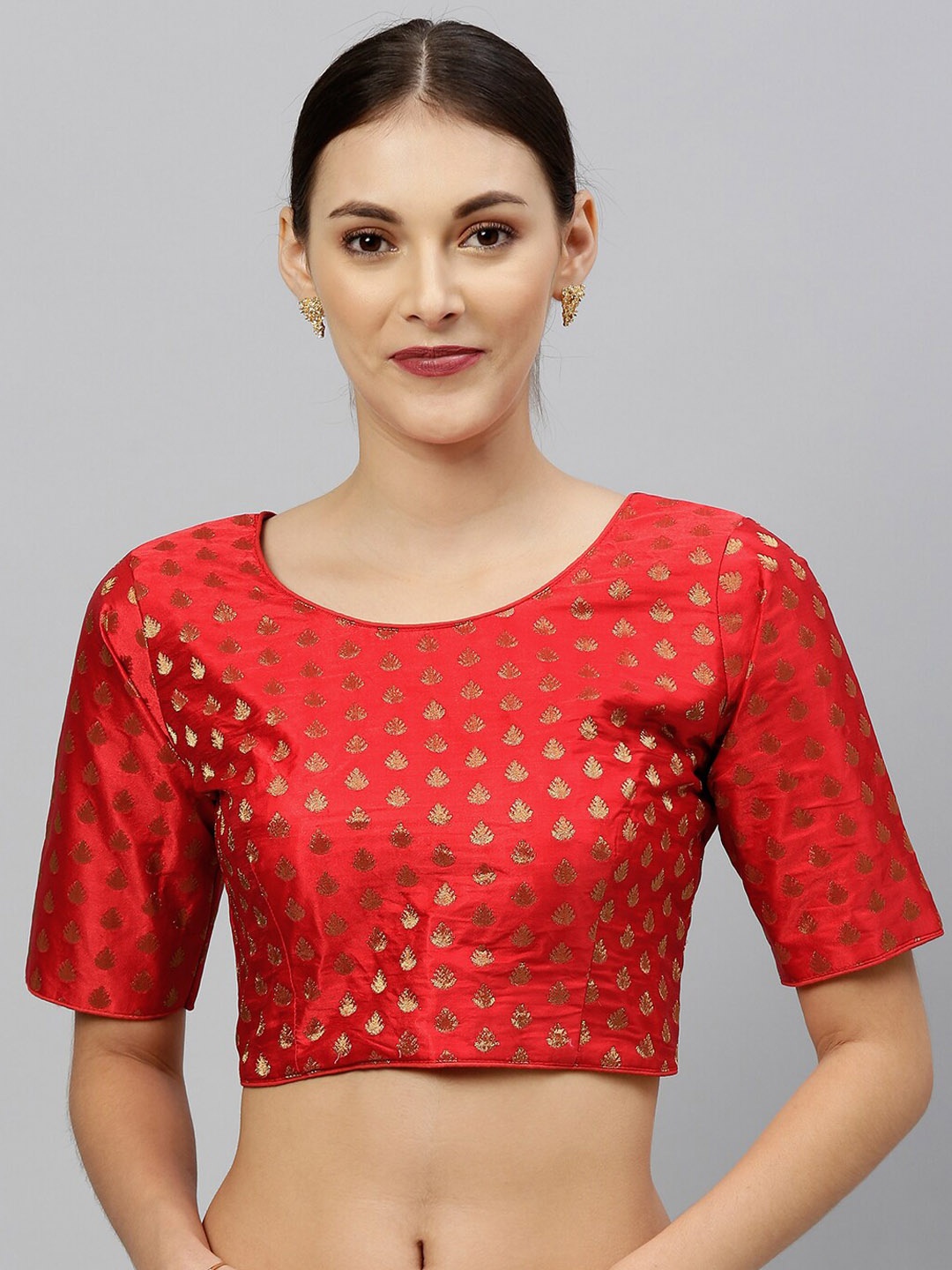 

Fab Dadu Women Red Woven Designed Jacquard Round Neck Saree Blouse