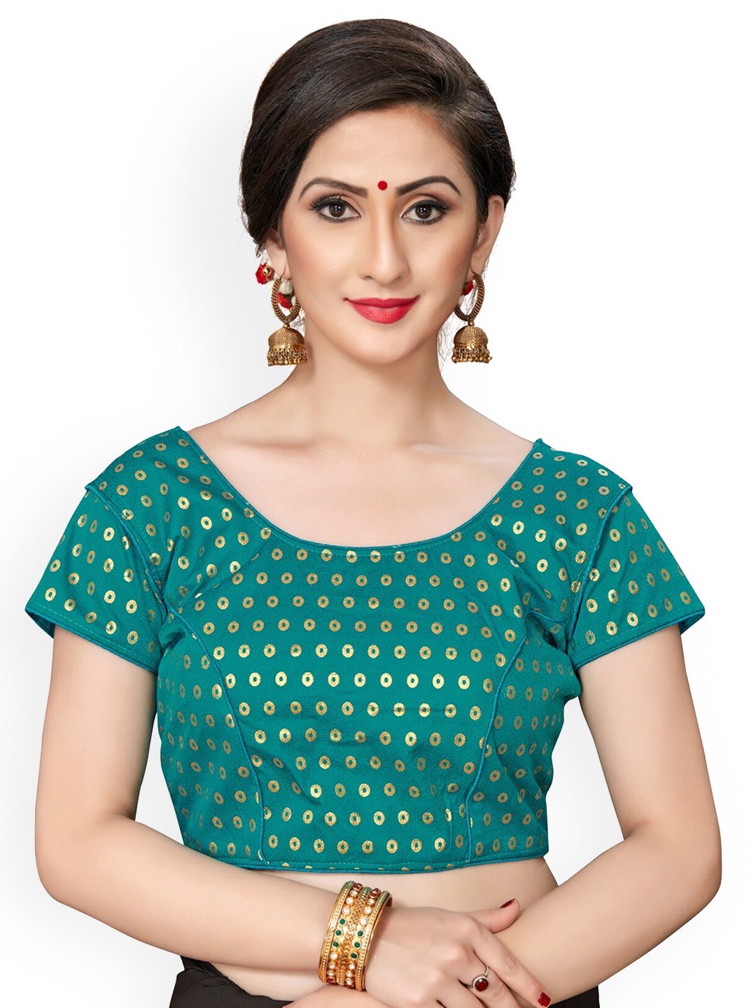 

Fab Dadu Women Turquoise Blue Printed Jacquard Saree Blouse