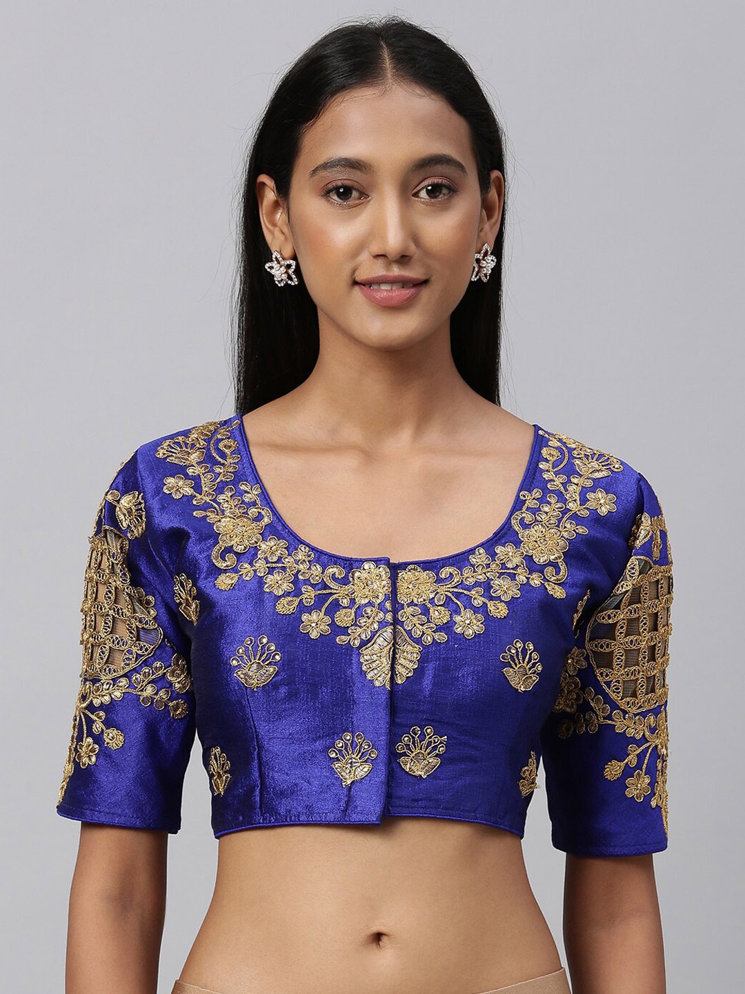

Fab Dadu Women Blue & Gold-Coloured Embroidered Saree Blouse