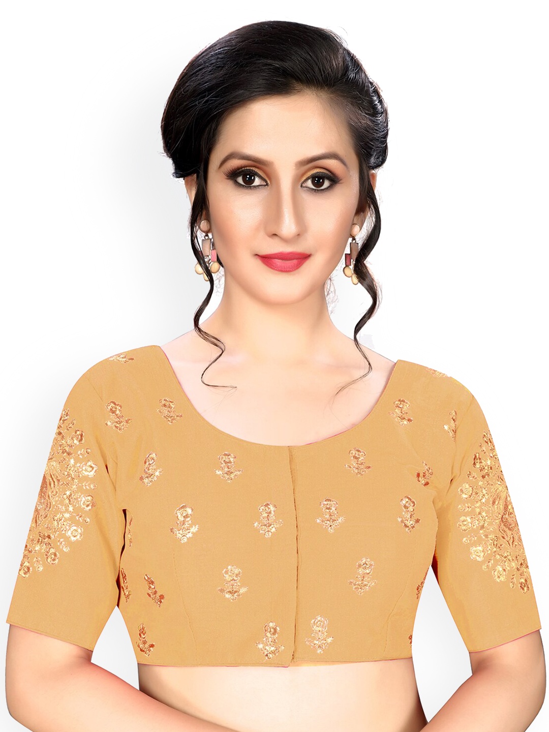 

Fab Dadu Women Beige Embroidered Silk Readymade Saree Blouse