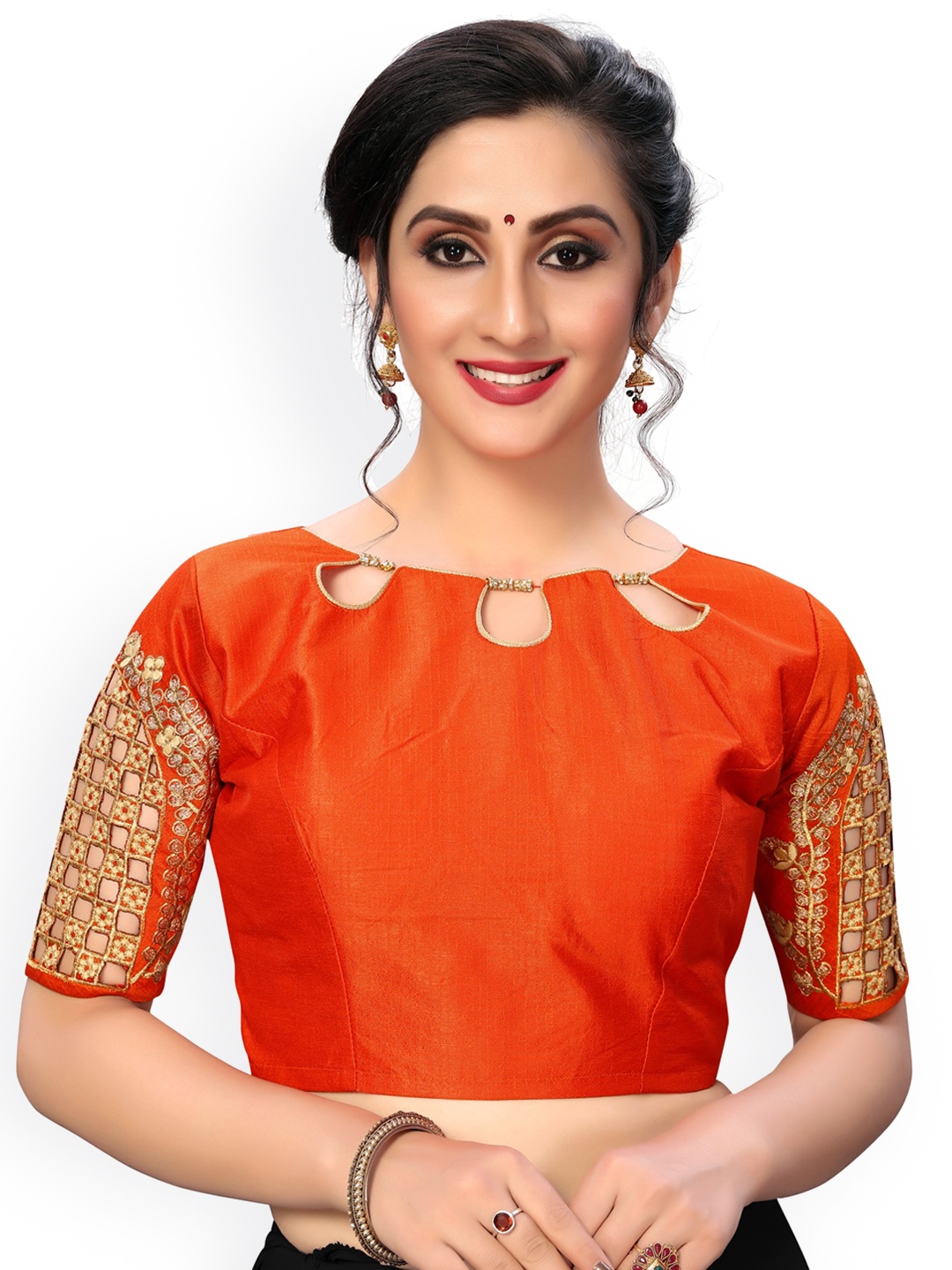 

Fab Dadu Women Orange Embroidered Phantom Silk Saree Blouse