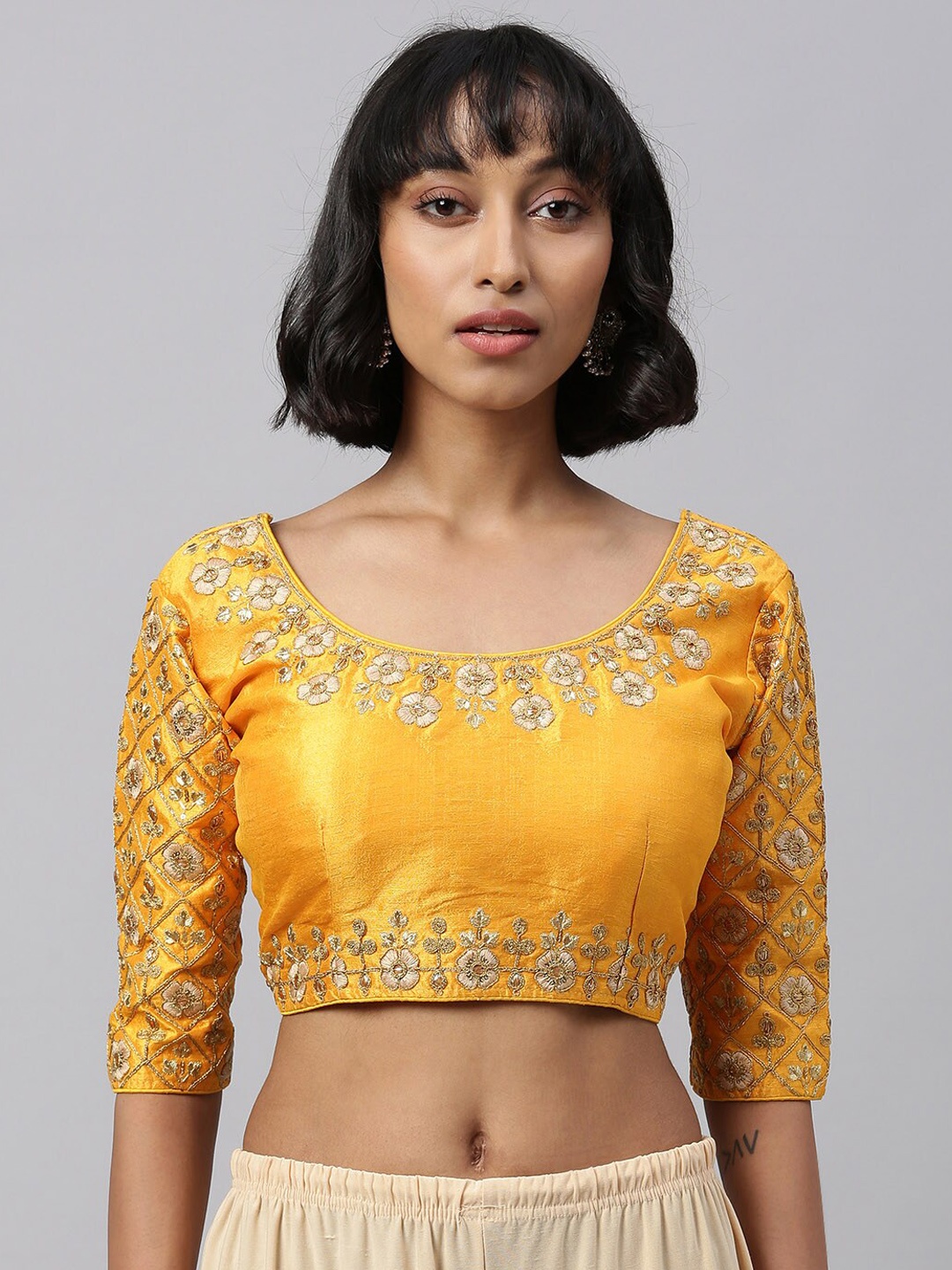 

Fab Dadu Yellow Embroidered Saree Blouse