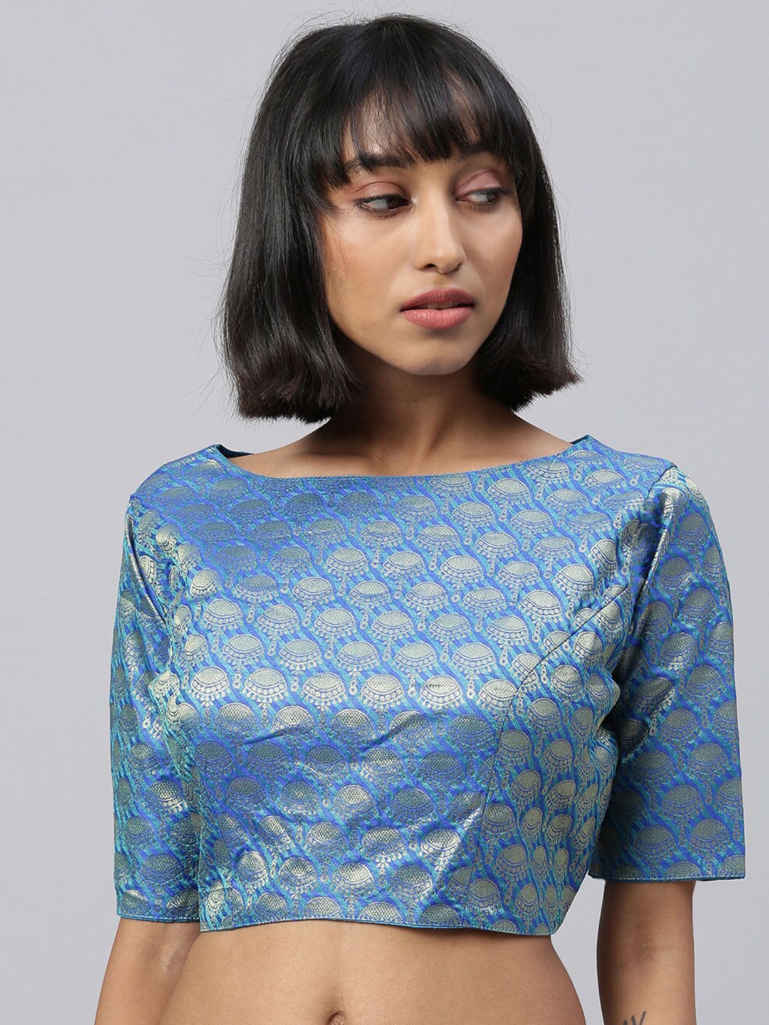 

Fab Dadu Blue Woven-Design Readymade Saree Blouse