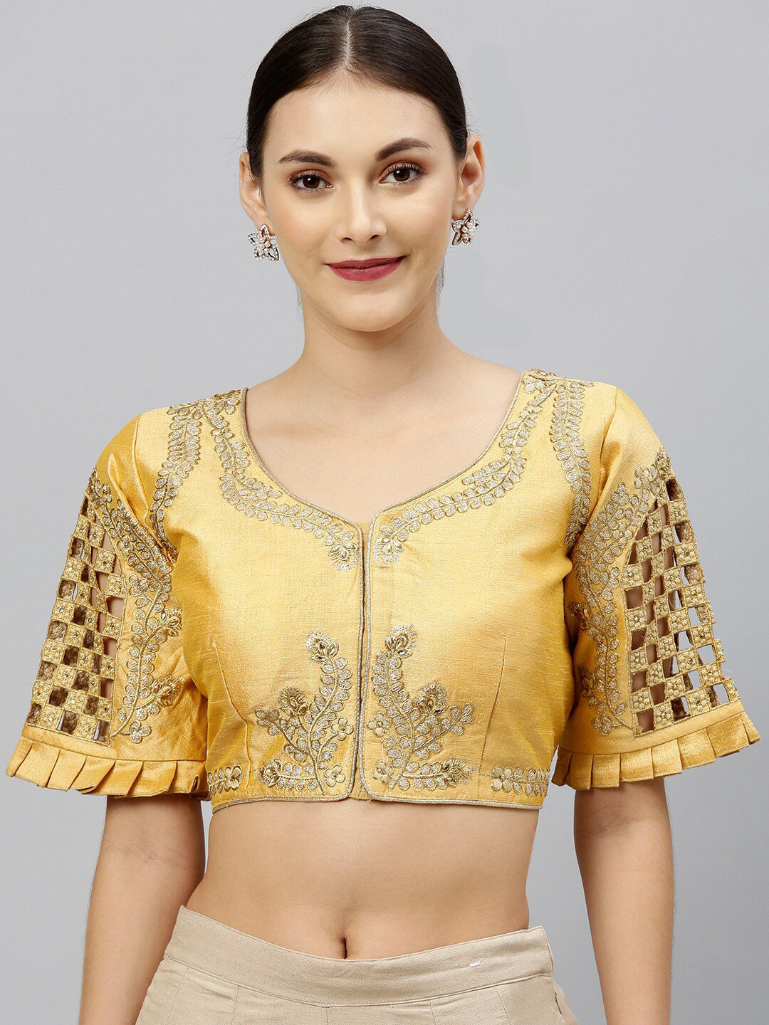 

Fab Dadu Gold-Toned Embroidered Silk Saree Blouse