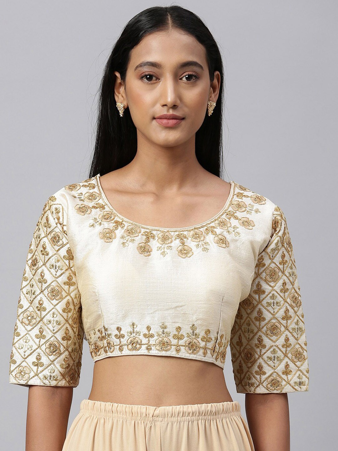 

Fab Dadu Off White Embroidered Silk Saree Blouse