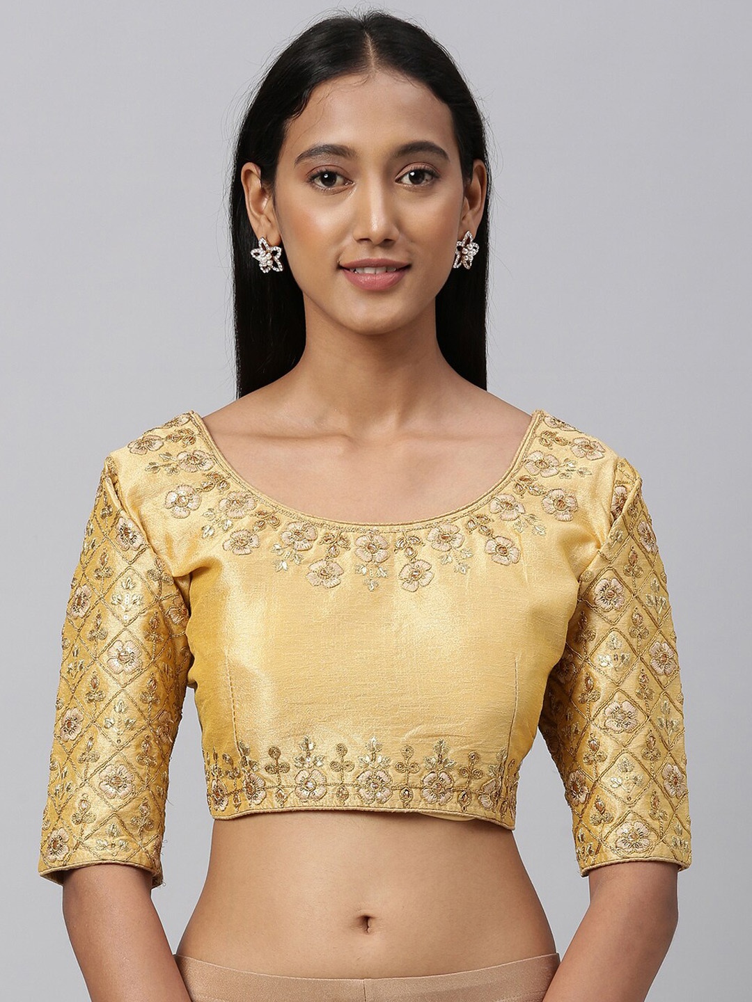 

Fab Dadu Beige Embroidered Saree Blouse