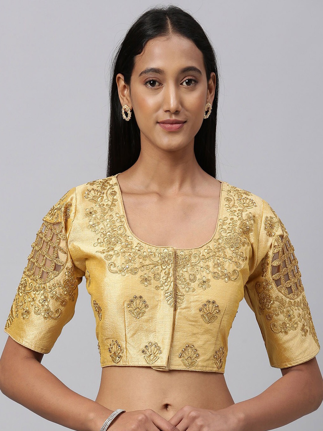 

Fab Dadu Women Beige Embroidered Round Neck Saree Blouse