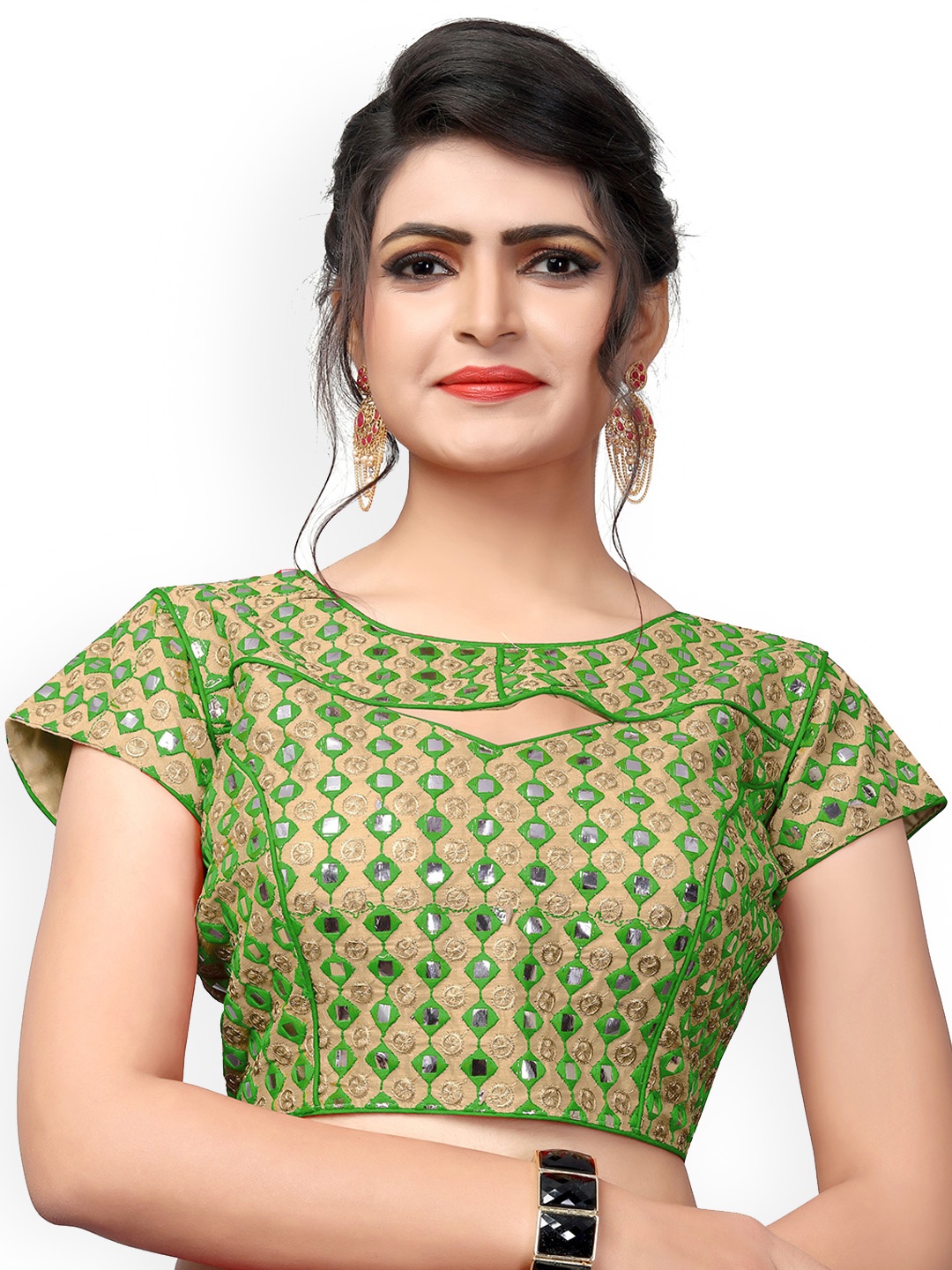 

Fab Dadu Women Green Embroidered Silk Round Neck Mirror Work Saree Blouse