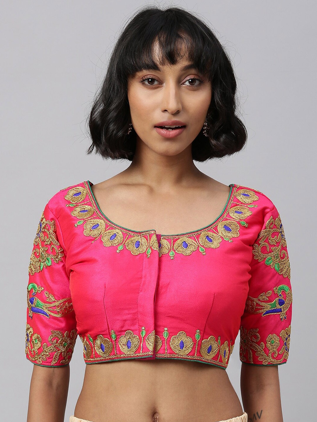 

Fab Dadu Women Pink Embroidered Round Neck Thread Work Saree Blouse