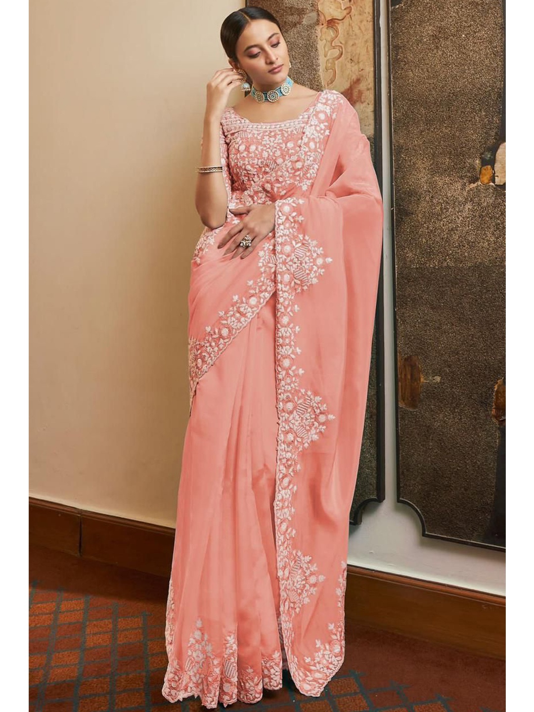 

elora Peach-Coloured & White Floral Embroidered Pure Georgette Bhagalpuri Saree