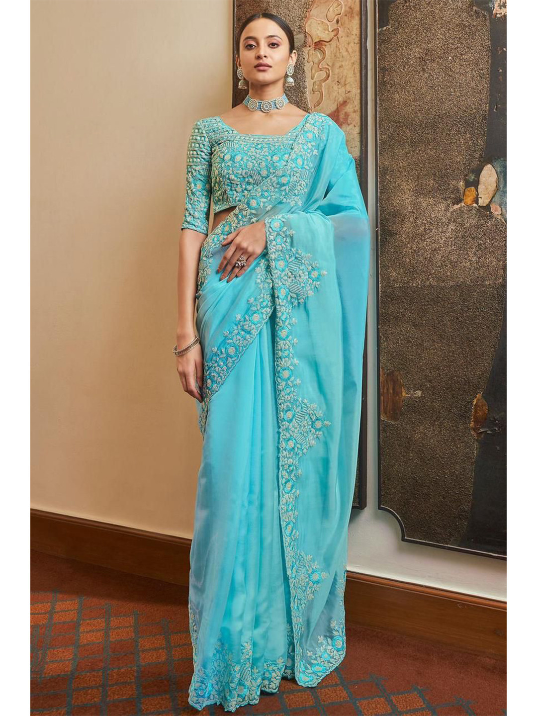 

elora Blue Paisley Sequinned Pure Georgette Bhagalpuri Saree