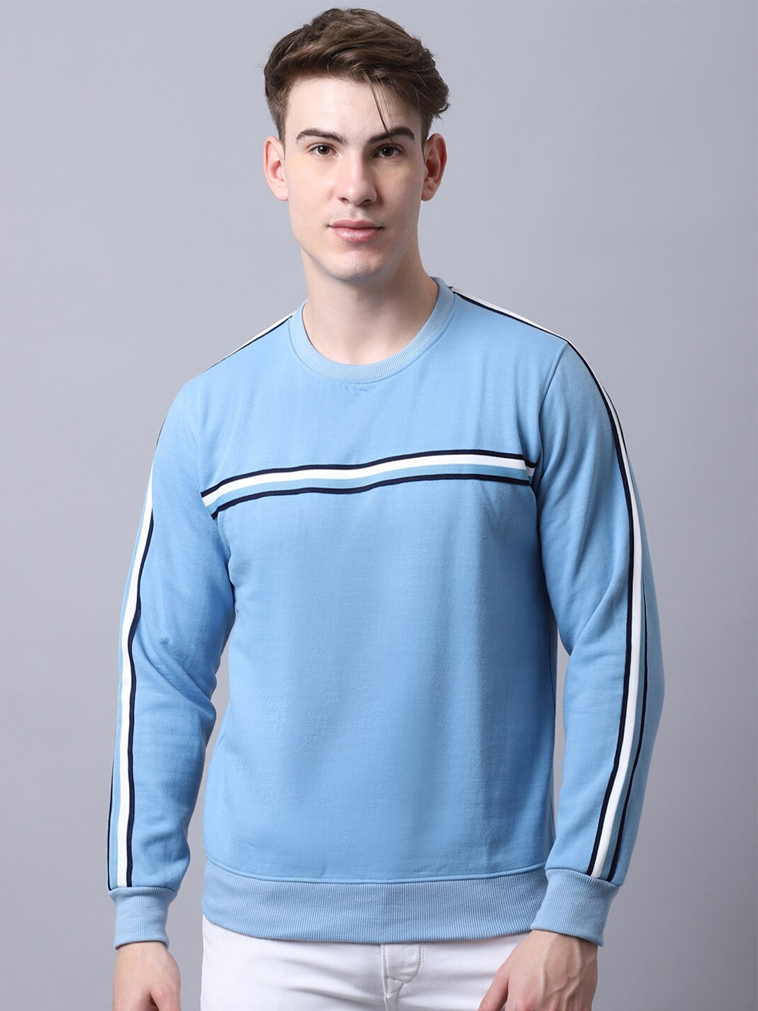 

Obaan Men Blue Striped Cotton Fleece Sweatshirt