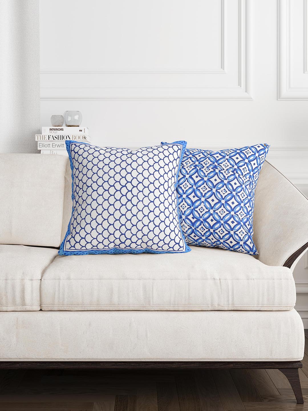 

BLOCKS OF INDIA Blue & White Set of 2 Ethnic Motifs Square Cushion Covers