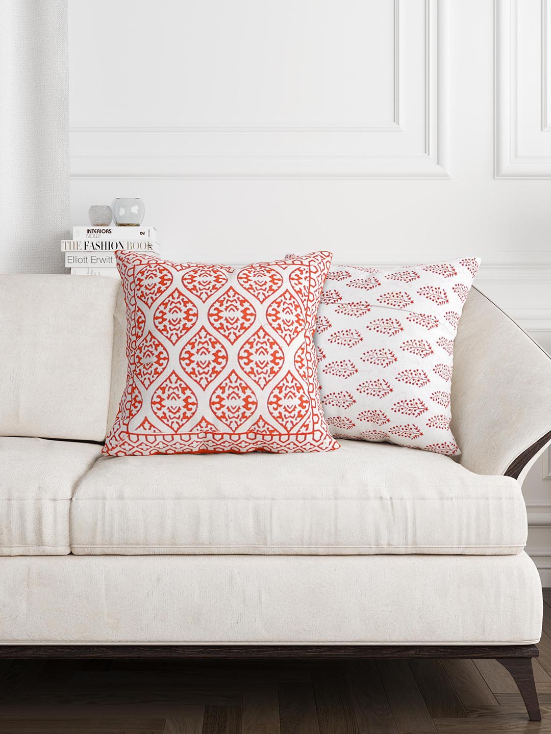 

BLOCKS OF INDIA Orange & White Set of 2 Ethnic Motifs Square Cushion Covers