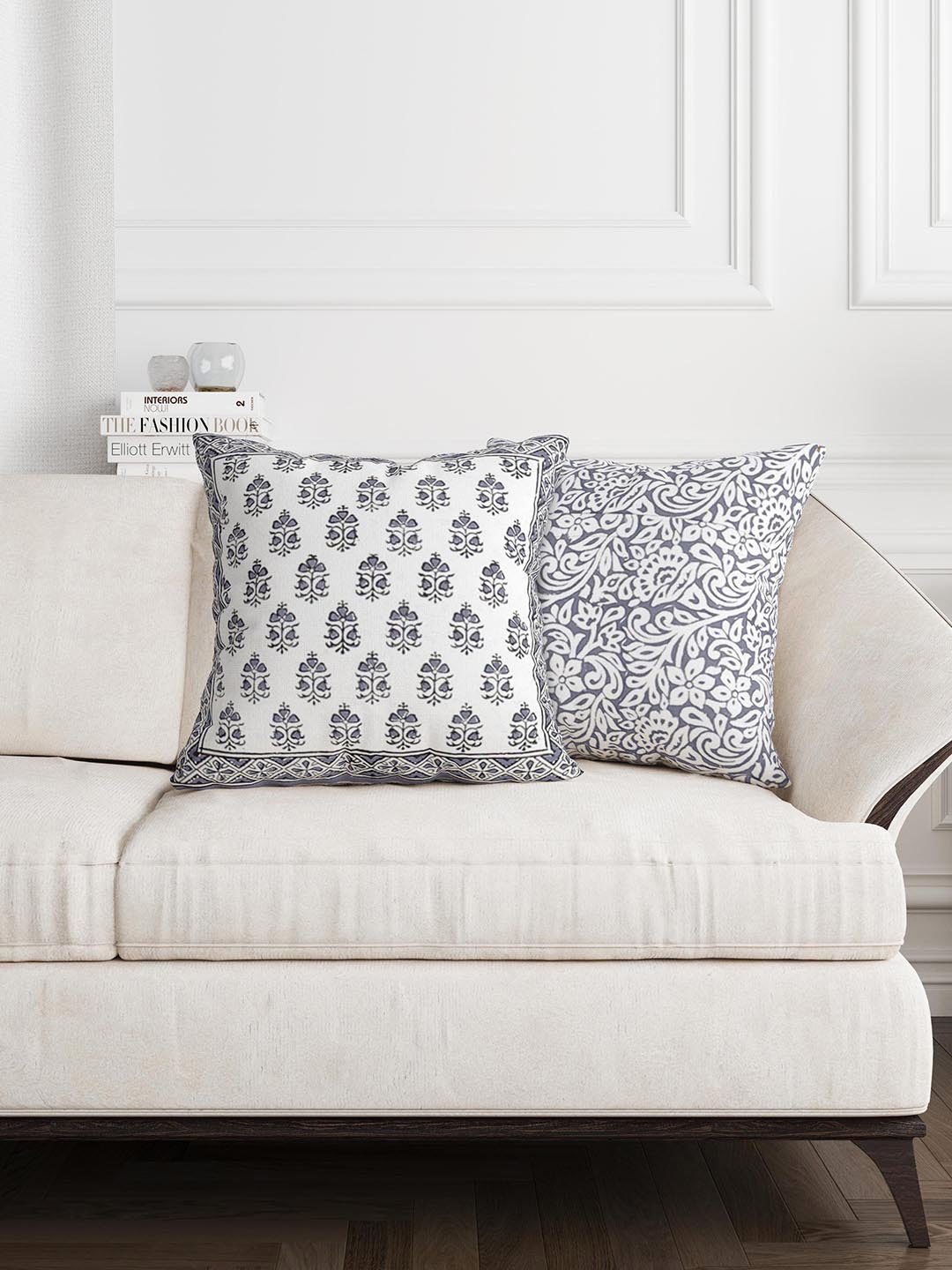 

BLOCKS OF INDIA Grey & White Set of 2 Ethnic Motifs Square Cushion Covers