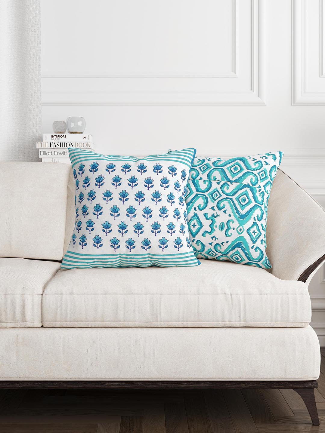 

BLOCKS OF INDIA Green & White Set of 2 Ethnic Motifs Square Cushion Covers