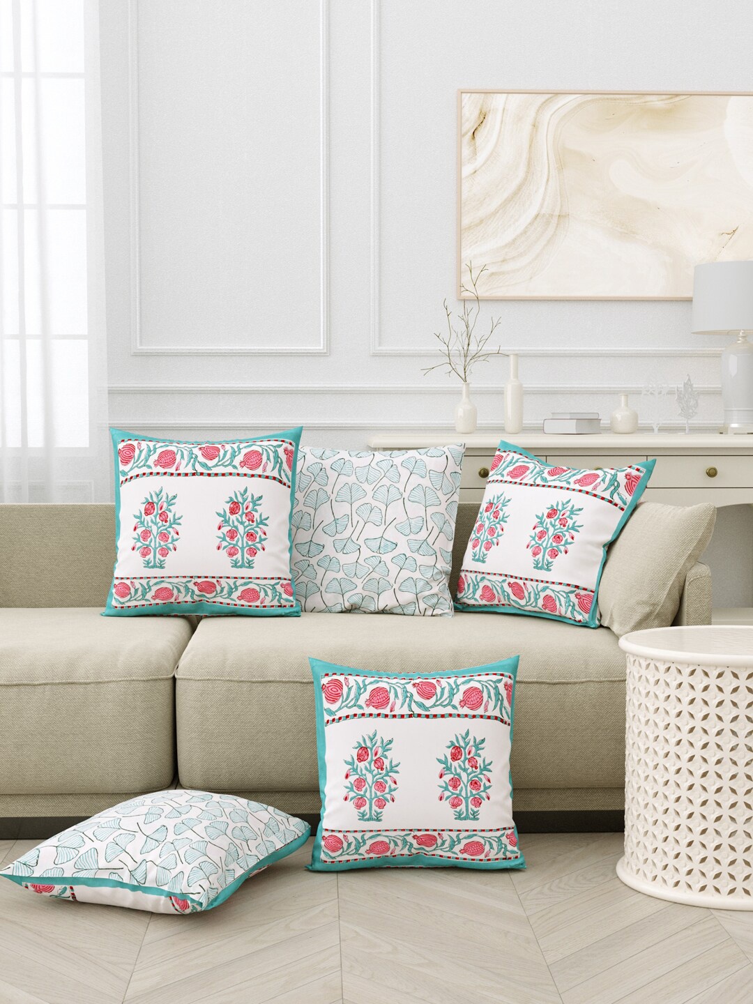 

BLOCKS OF INDIA Green & White Pack of 5 Ethnic Motifs Square Cushion Covers