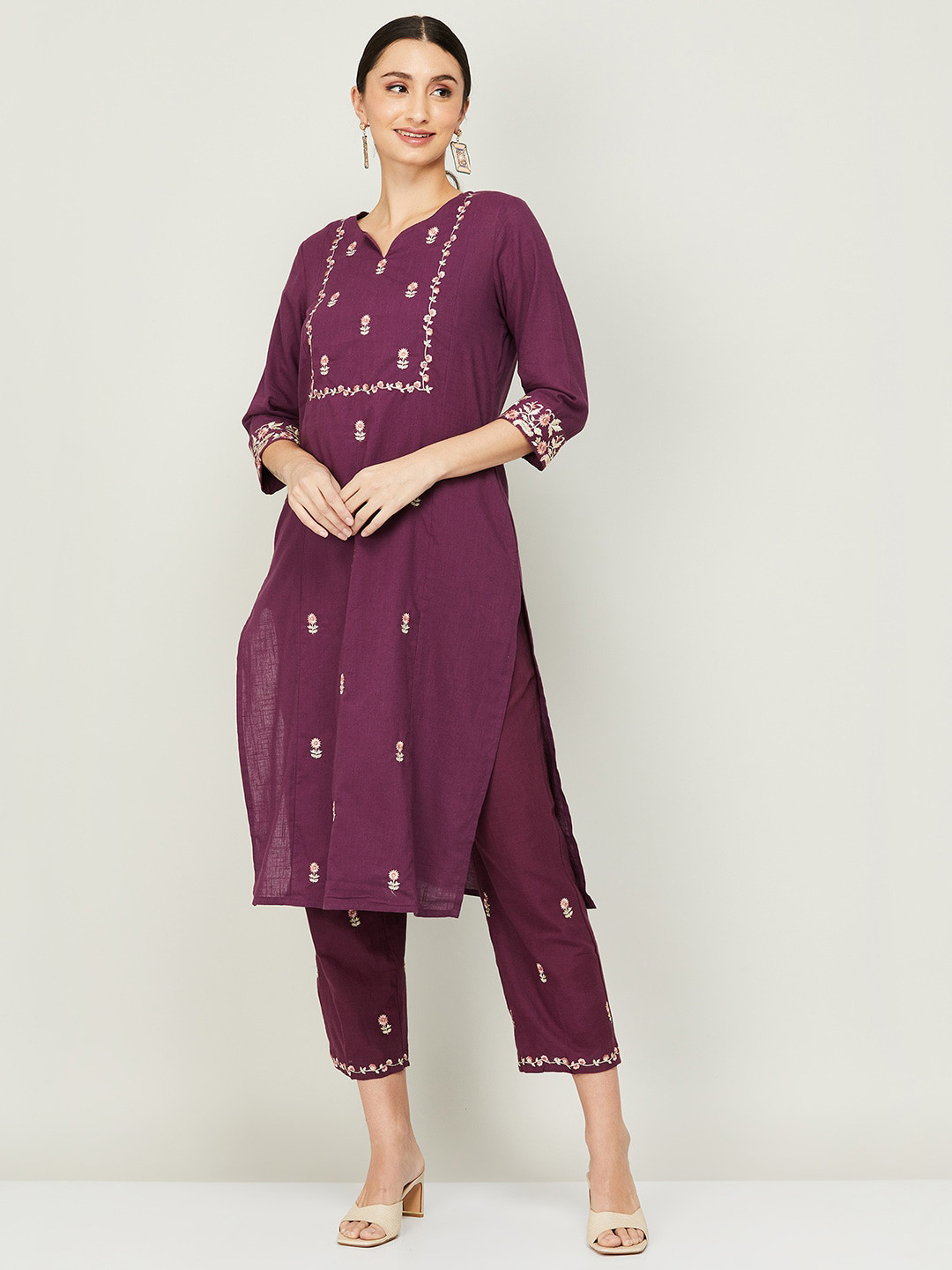 

Melange by Lifestyle Women Purple Embroidered Pure Cotton Kurta with Trousers