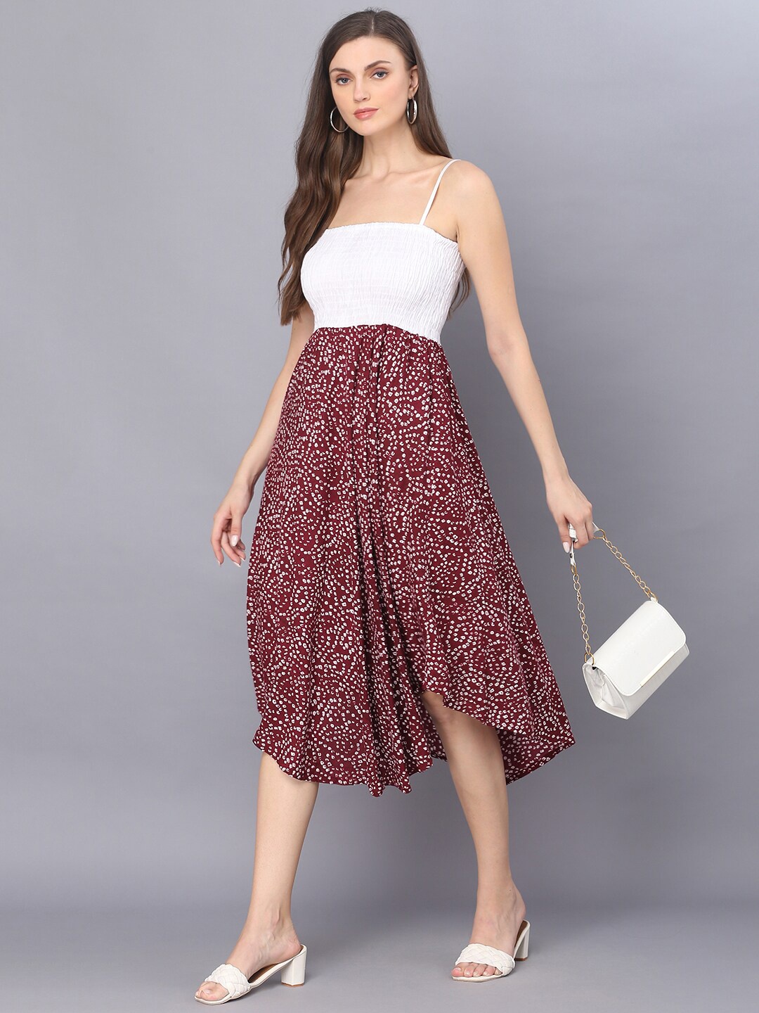 

Vastralay White & Maroon Floral Midi Dress