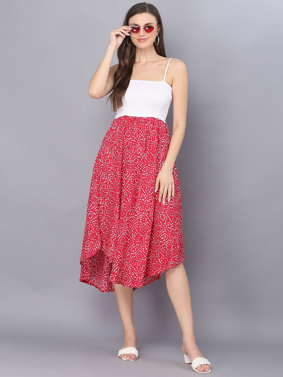 

Vastralay Pink Printed Floral Shoulder Straps Midi Dress