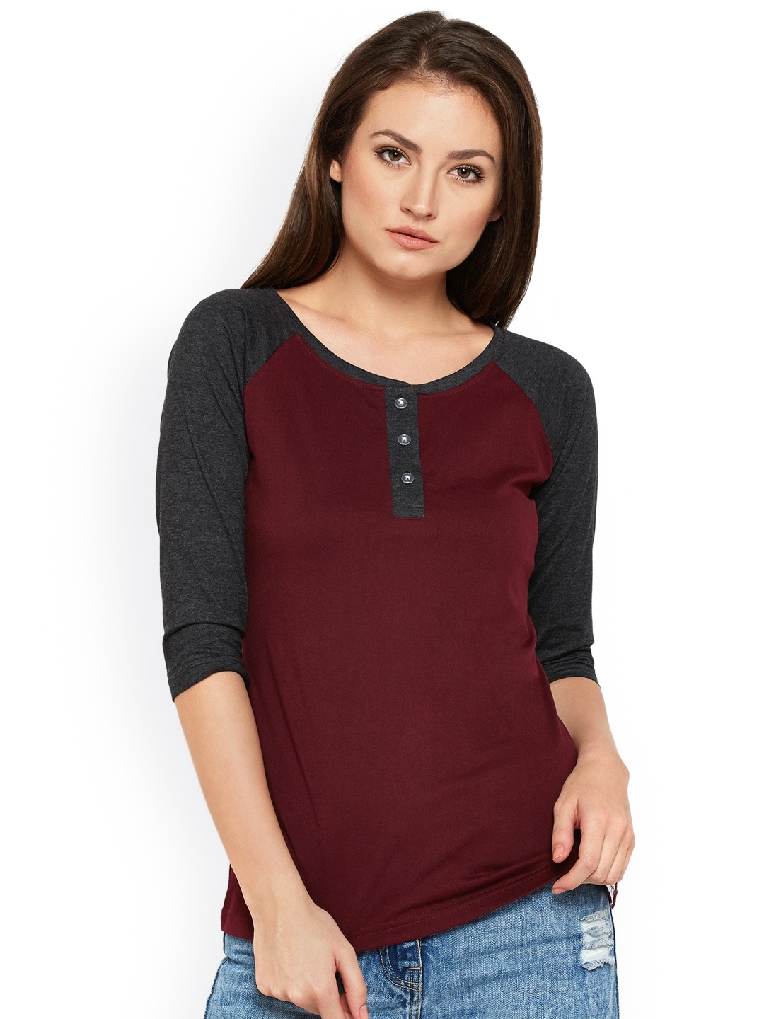 

The Dry State Women Burgundy Solid Henley Neck Pure Cotton T-shirt