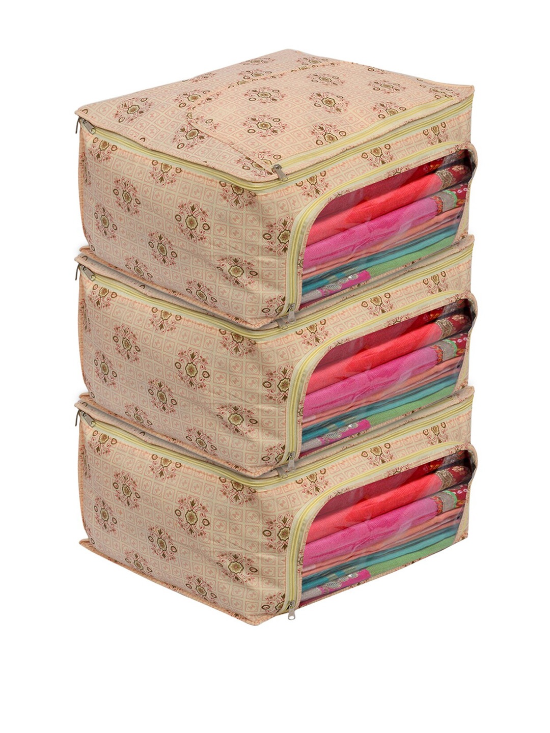 

Kuber Industries Set Of 3 Pink Floral Printed Saree Cover