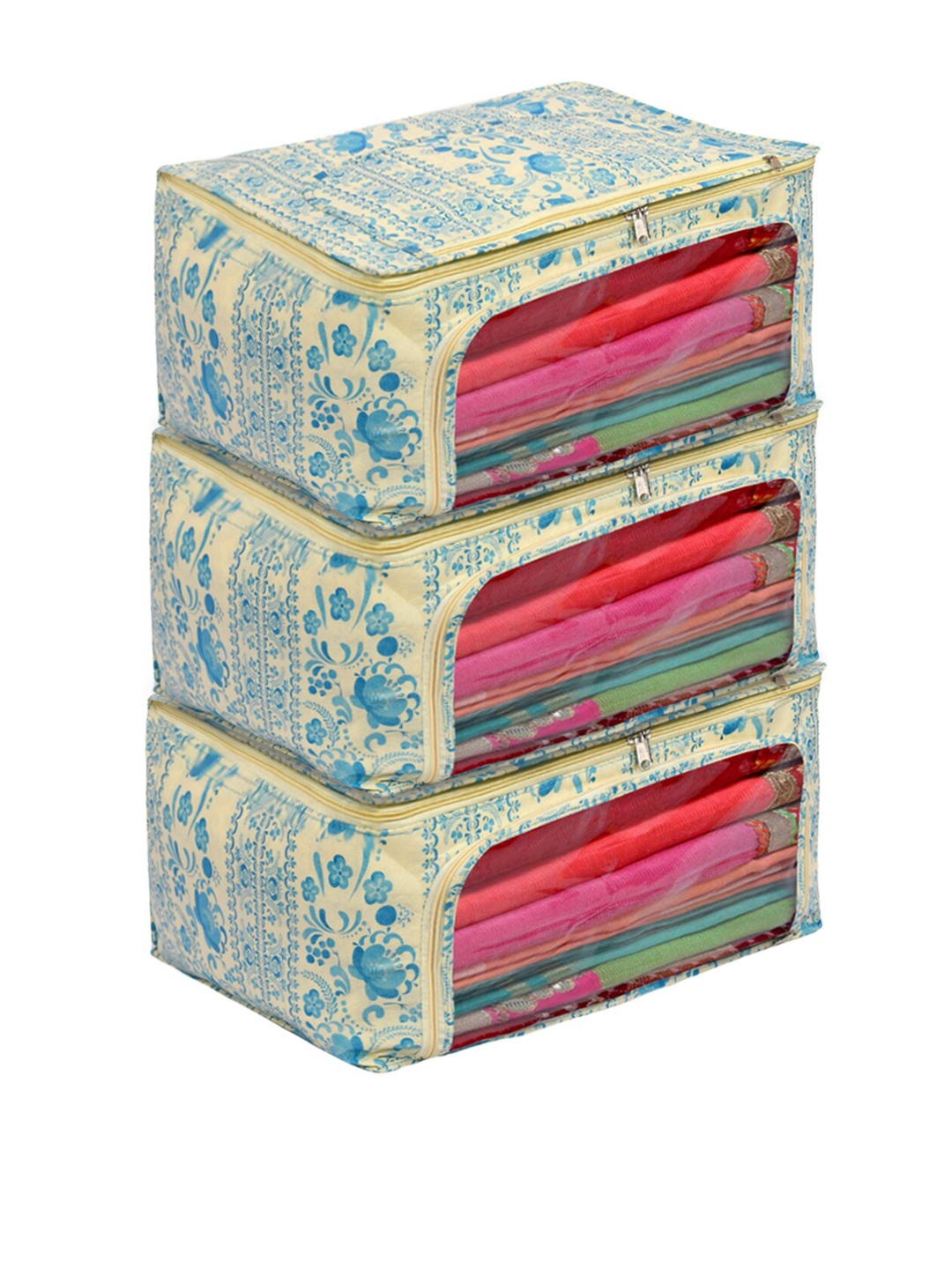 

Kuber Industries Set Of 3 Blue & Yellow Floral Printed Fabric Saree Cover