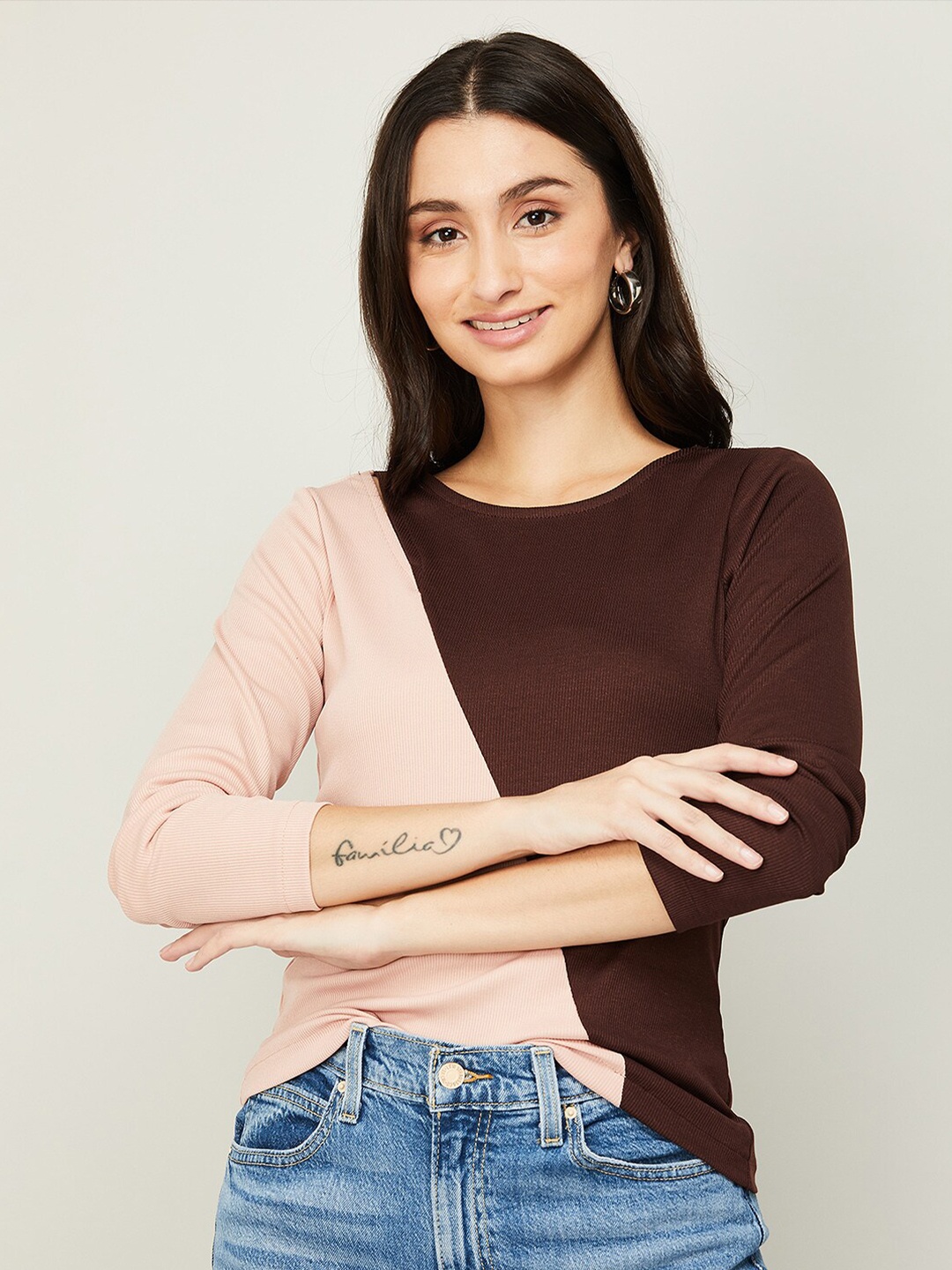 

CODE by Lifestyle Brown & Peach-Coloured Colourblocked Top