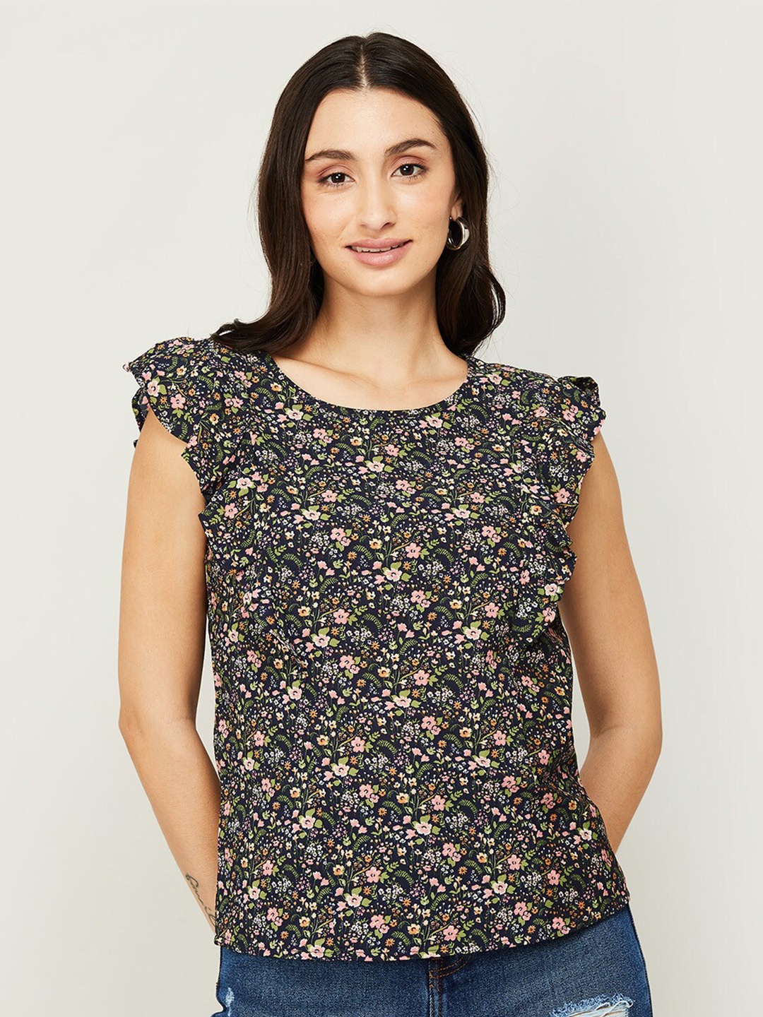 

Fame Forever by Lifestyle Navy Blue Floral Print Top