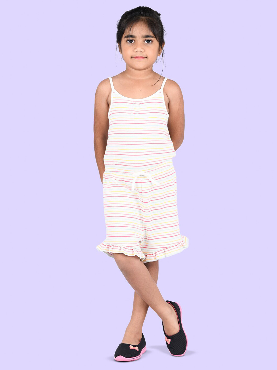 

Zalio Girls Pure cotton White & Pink Striped with Ruffles Jumpsuit