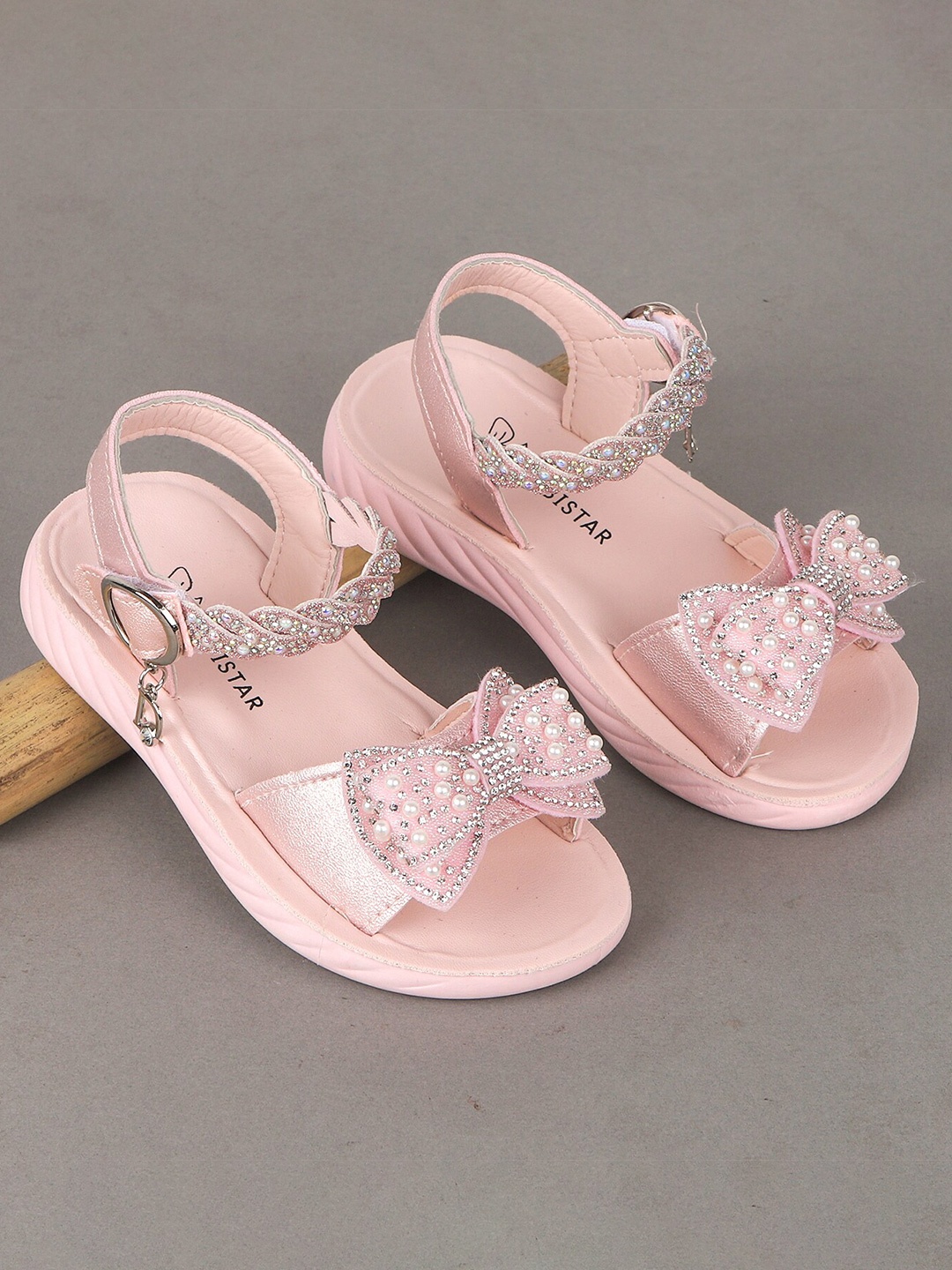 

FEETWELL SHOES Girls Pink Embellished Party Open Toe Flats with Bows