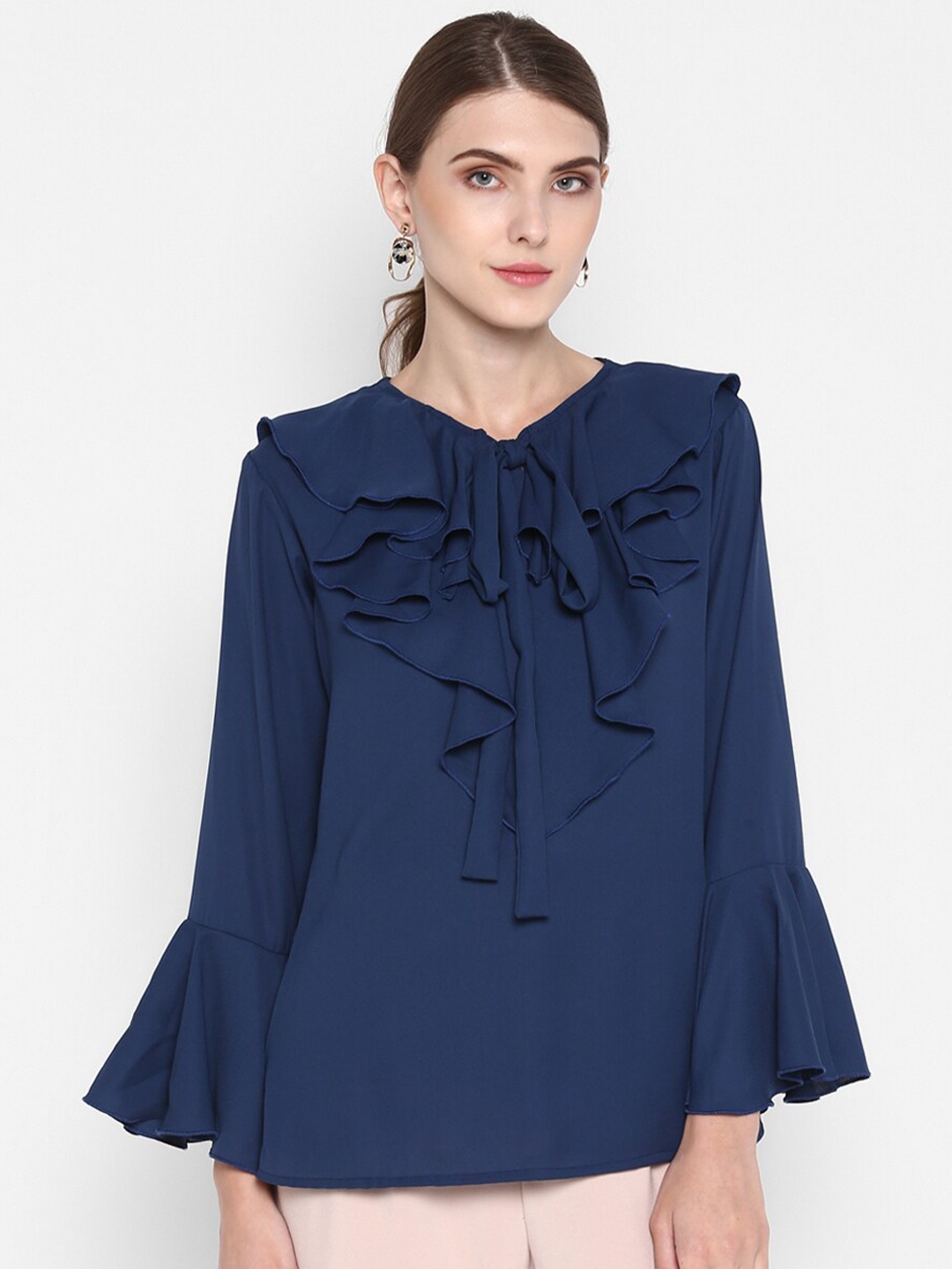 

Indietoga Women Plus Size Blue Tie-Up Neck Ruffles Georgette Top