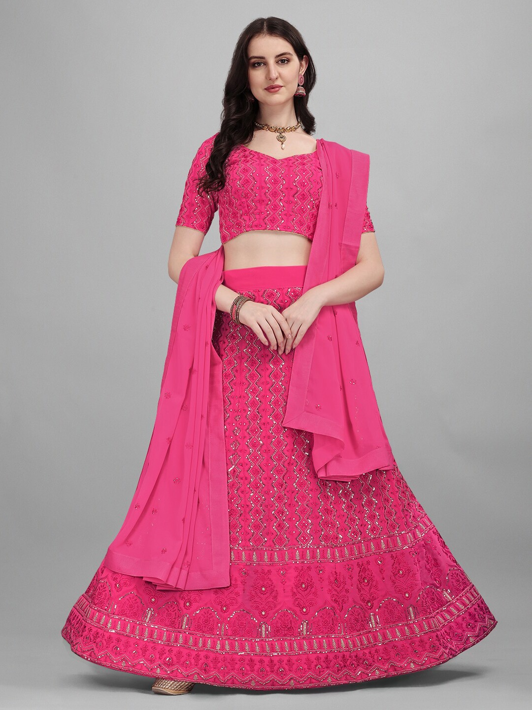 

JATRIQQ Magenta Embroidered Sequinned Semi-Stitched Lehenga & Blouse With Dupatta