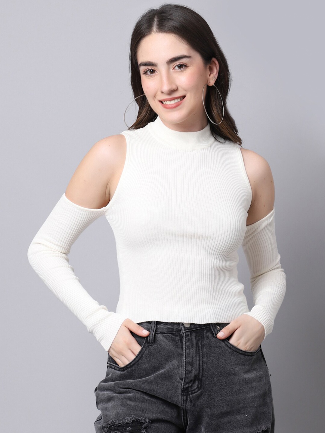 

TAG 7 Women White Solid Cold-Shoulder Sleeves Winter Top