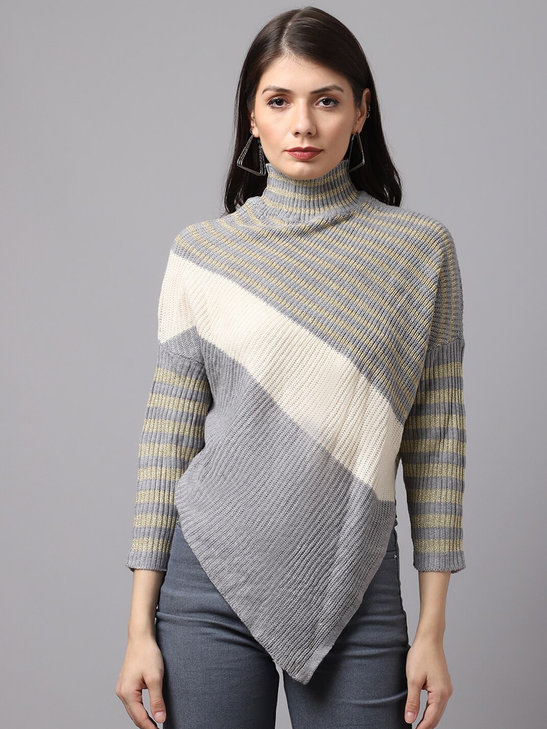 

TAG 7 Women Grey Striped High Neck Knitted Winter Top
