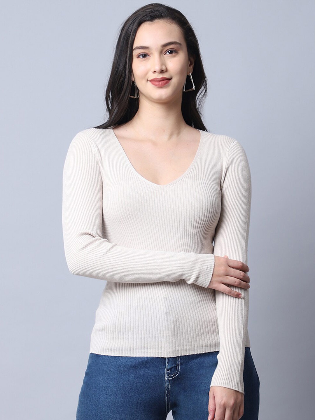 

TAG 7 Women Cream-Coloured V-Neck Winter Top