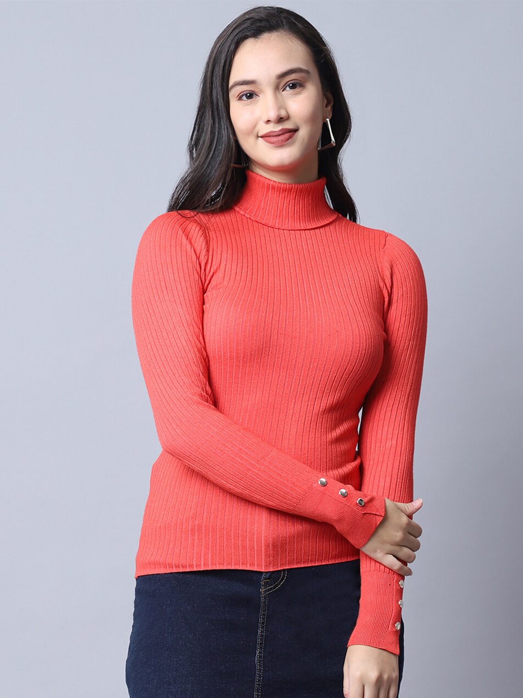 

TAG 7 Women Red Solid Fitted Winter Top