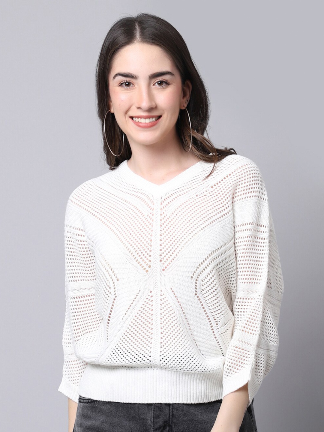 

TAG 7 Women White Self Design Winter Top