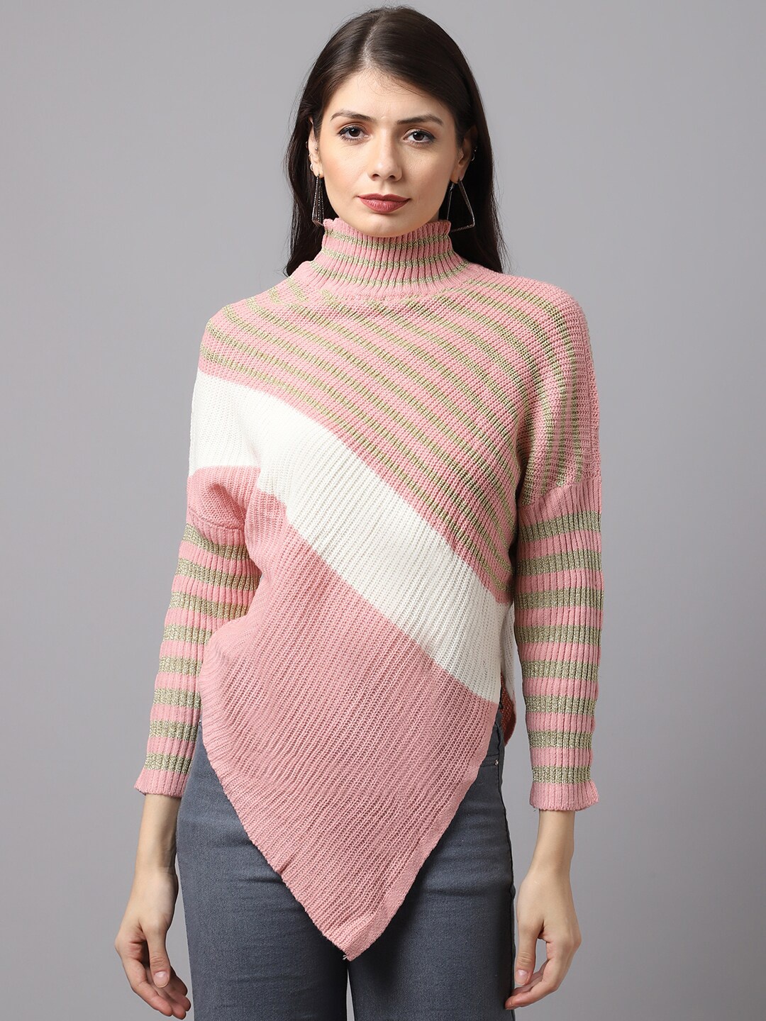 

TAG 7 Pink Striped High Neck Longline Winter Top