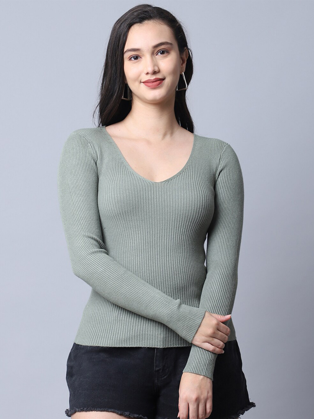 

TAG 7 Women Green Solid Fitted Winter Top