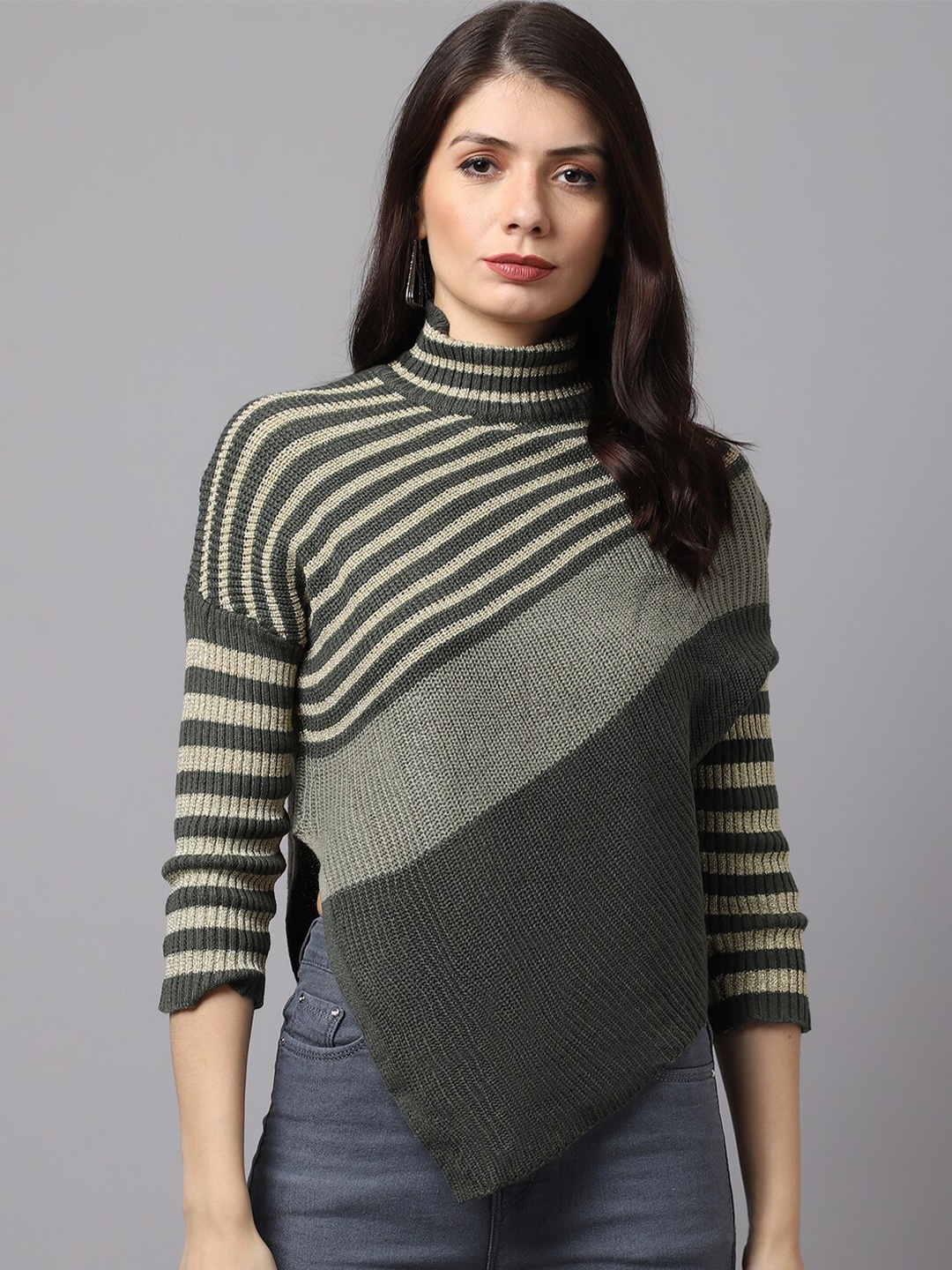 

TAG 7 Black & Grey Striped Woolen Winter Top
