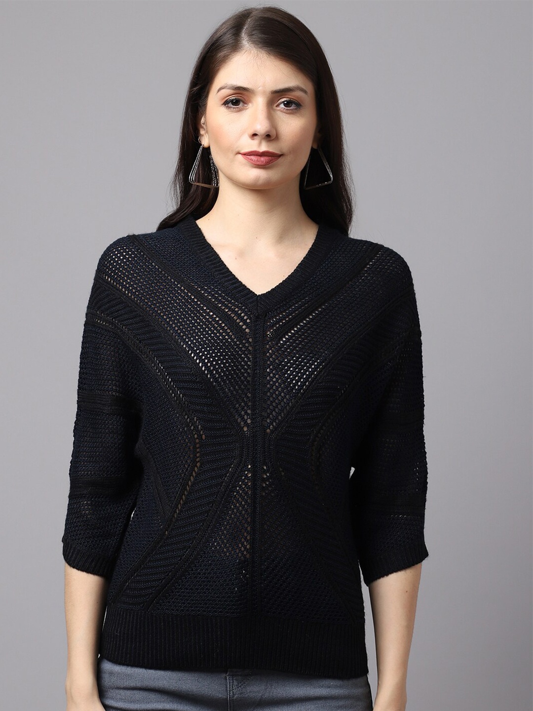 

TAG 7 Women Navy Blue V-Neck Winter Top