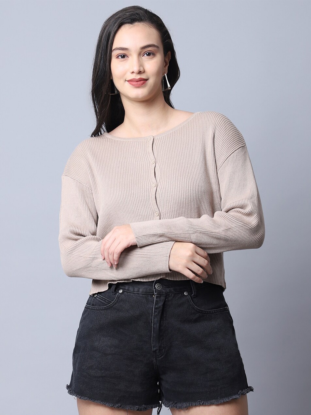 

TAG 7 Nude-Coloured Drop Shoulder Sleeves Crop Winter Top